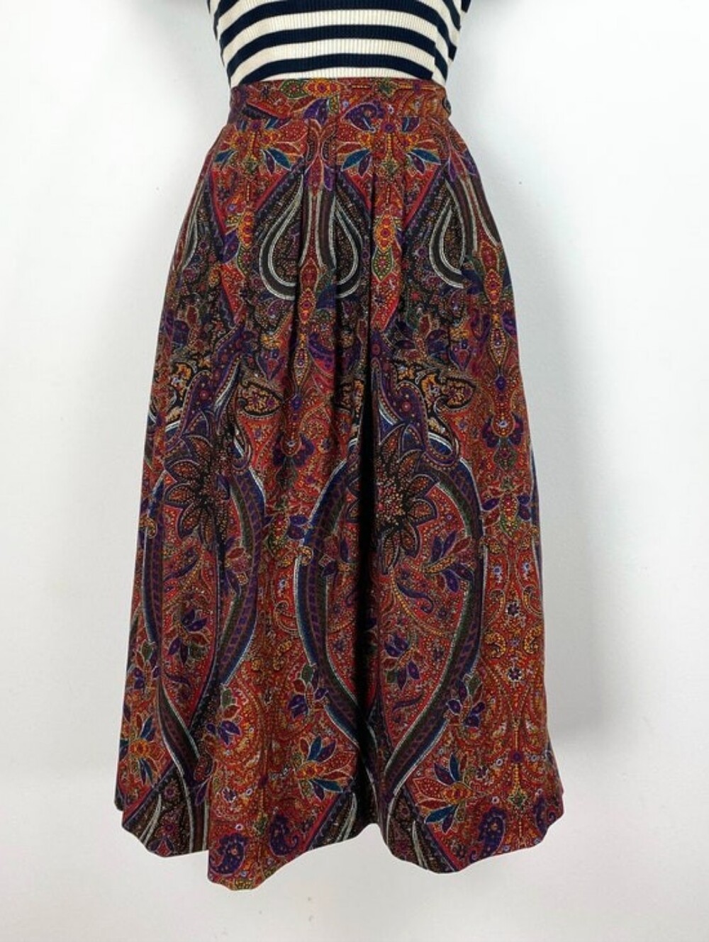 Vintage Lands End Wool 1980s 1990s Red Floral Paisley Midi A-Line Skirt